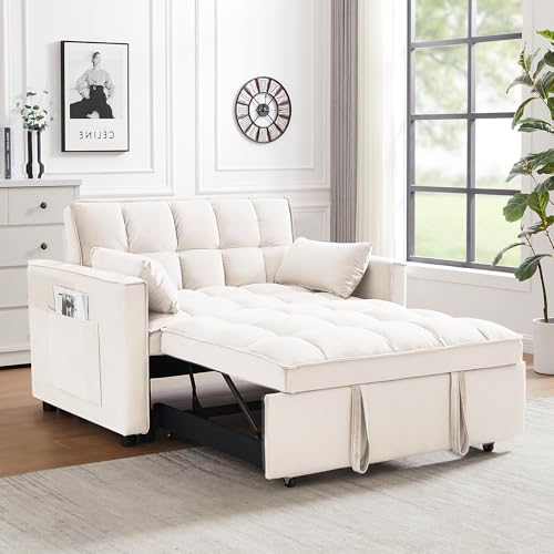 55" Pull Out Sleeper Sofa, Velvet Loveseat with Side Pockets, White | Velvet upholstery, 5-level adjustable back, Pull-out bed design, Sturdy frame with side pockets - color: White