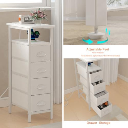 sthmec Nightstand with Charging Station, Narrow Night Stand Set of 2 with 4 Drawers, Skinny Side Table with Fabric Drawers,Slim Sofa Couch Tables for Small Spaces,Living Room,Bedroom, White - color: White, style: Power