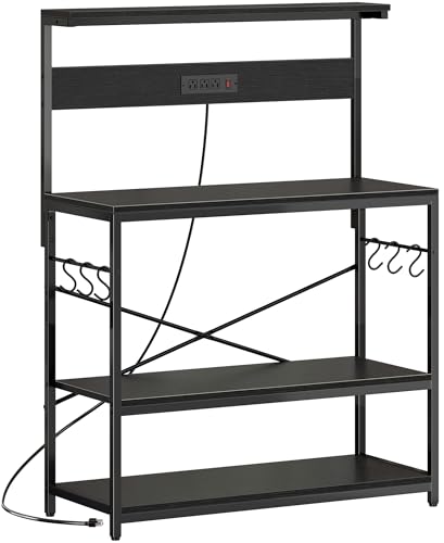 SUPERJARE Bakers Rack with Power Outlets, Microwave Stand, 39.4 X 14.3 Inch Larger Desktop, Kitchen Storage Rack with Adjustable Middle Shelf, 6 S-Shaped Hooks, Coffee Bar Stand, Black - color: Black, size: 39.4inch