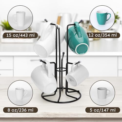 HULISEN Mug Tree for Large Cups, 6 Hook Countertop Coffee Mug Holder, Black | Cup Rack for Counter, Stable Wide Base, Metal Stand for Kitchen Coffee Bar Display, Space-Saving, No Assembly Required - color: Black