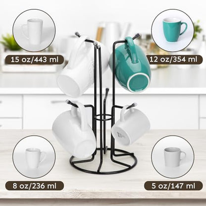 HULISEN Mug Tree for Large Cups, 6 Hook Countertop Coffee Mug Holder, Black | Cup Rack for Counter, Stable Wide Base, Metal Stand for Kitchen Coffee Bar Display, Space-Saving, No Assembly Required - color: Black