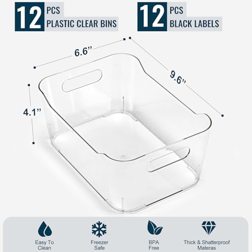 12 PACK Multiuse Clear Plastic Storage Bins for Organizing w/ Labels - Home, Kitchen, Bathroom, Office, Pantry Cabinet Shelf Organizer Bins - SOHO Collection, RV, Fridge Organization Containers - size: Medium