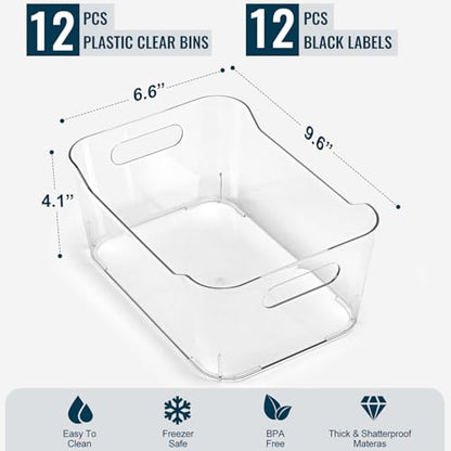 12 PACK Multiuse Clear Plastic Storage Bins for Organizing w/ Labels - Home, Kitchen, Bathroom, Office, Pantry Cabinet Shelf Organizer Bins - SOHO Collection, RV, Fridge Organization Containers - size: Medium