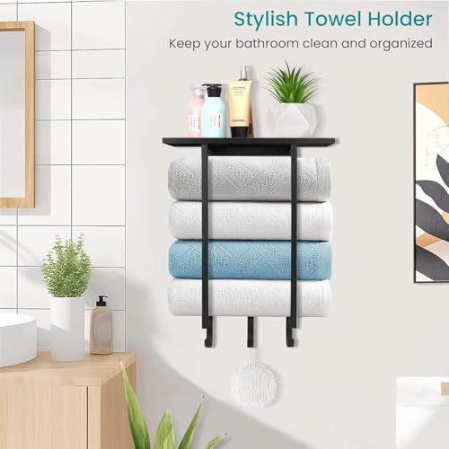 ELITEROO Towel Holder for Bathroom Wall, Wooden Towel Rack Shelf | Hanging Towel Organizer with 3 Hooks for Small Bathroom Storage, Bath Rolled Towel Shelf for RV, Camper, Black - color: Black