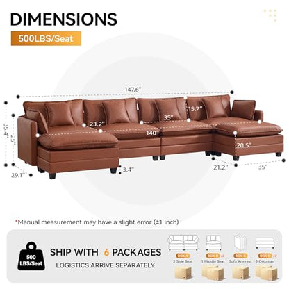 147'' Sectional Cloud Deep Seat Couch, Oversized Leather U Shaped Sectional Sofa for Living Room Set, Comfy Upholstered Modular Sectional Sofa Couch with Movable Ottoman, Leather Brown - color: Pu-dark Brown, size: 147'' U Shape