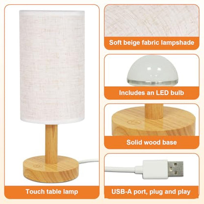 Small Touch Table Lamps Set of 2 with Stepless Dimming&USB Plug, Natural Round Wood Base & Linen Fabric Shade |Soft Ambient Night Light |Minimalist Boho Bedside Lamp for Bedroom,Nursery,Kitchen,Dorm - size: Round - USB Plug Touch - Set of 2
