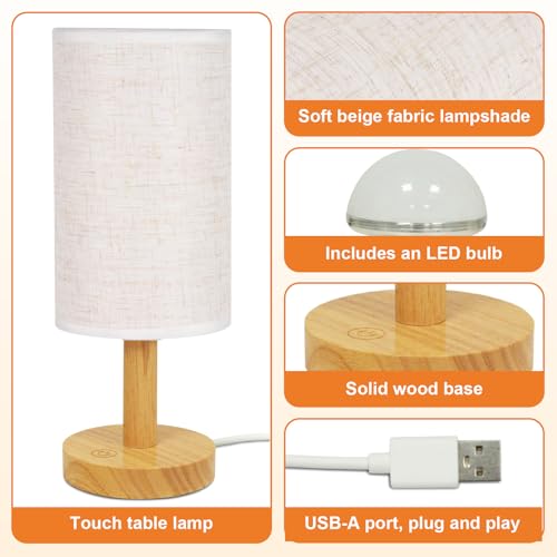 Small Touch Table Lamp with Stepless Dimming&USB Plug,Natural Round Wood Base&Linen Fabric Shade |Soft Ambient Warm Night Light|Minimalist Boho Bedside Lamp for Bedroom,Nightstand,Nursery,Kitchen,Dorm - size: Round - USB Plug Touch - Set of 1