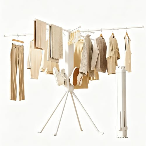 Adjustable Collapsible Umbrella Style Clothes Drying Rack, 4Legs6Telescopic Arms, Space-Saving Freestanding Laundry Airer with Windproof Clips, Easy Setup Indoor Outdoor (White-Plastic) - color: White-plastic