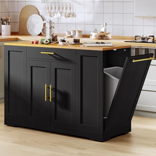 DWVO Large Kitchen Island with Trash Can Cabinet | 53 Inch Kitchen Island on Wheels, Rolling Island with Tilt‑Out Garbage Storage Fits 13 Gallon Bin, Spice Rack - color: Black