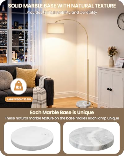 75" Arc Floor Lamp with Marble Base and Adjustable Height, Rotating Hanging Shade, Dimmable Floor Lamp for Living Room with Remote and Foot Switch, 3CCT, Over Couch Arched Light, White Gold DW15LD05 - color: Gold + White