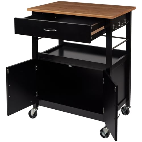Kitchen Island Cart on Wheels, Black Base, Natural Bamboo Top | Drawer, Storage Cabinet, Shelf, Butcher Block - color: Black Base