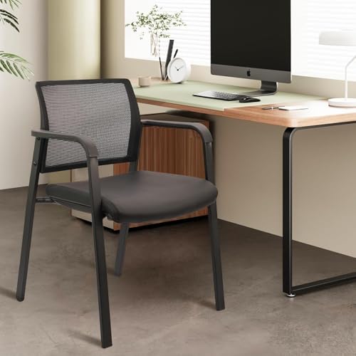 CLATINA Stackable Office Chair, Mesh Back Guest Chairs with Comfortable Leather Seat Arms Stacking Ergonomic Desk Chair No Wheels for Conference Waiting Reception School Stationary, Black, Set of 8 - color: Black Leather, size: 8 pack