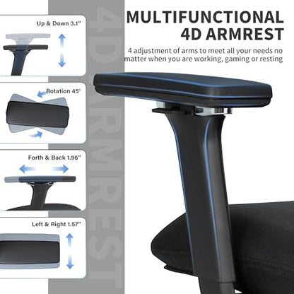 Ergonomic Office Chair with Footrest, 90-135° Reclining High Back Desk Chair with Lumbar Support, 2D Headrest, 4D Armrests, Computer Chair for Long Hours, Black - color: Black