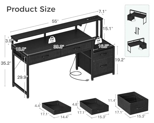 AODK Computer Desk with 4 Drawers, 55 Inch Office Desk with Printer Shelf & Built-in Power Outlet, Work Desk with Monitor Shelf for Home Small Spaces, Black - color: Black