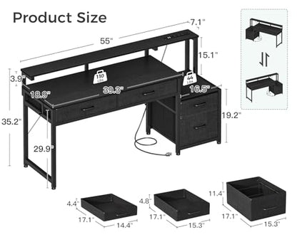 AODK Computer Desk with 4 Drawers, 55 Inch Office Desk with Printer Shelf & Built-in Power Outlet, Work Desk with Monitor Shelf for Home Small Spaces, Black - color: Black