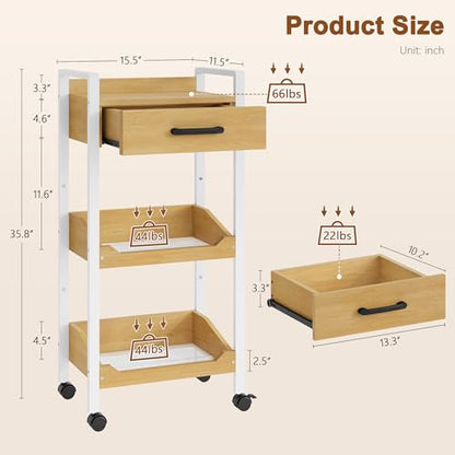Hoctieon 3-Tier Rolling Storage Cart with Drawer, Rolling Utility Cart Organizer, Mobile Shelving Unit with Wheels, Metal Frame, Kitchen Utility Cart for Small Space, Office, Bathroom, Oak Beige - color: Oak Beige