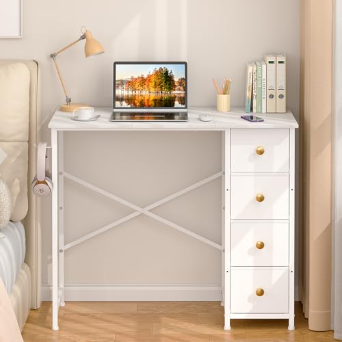 Small White Desk with Drawers for Bedroom, 35.4 Inch Kids Girls Teens Student Writing Desk with Storage, Reversible Study Table, White Computer Desk for Home Office, Makeup Vanity Desk for Small Space - color: White