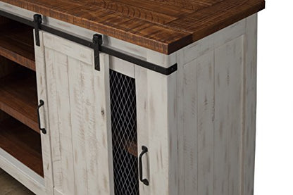 Martin Svensson Home Rustic 65" Wood Entertainment Center, White and Honey | Solid Pine, TV Stand, Sliding Doors, Adjustable Shelves & Cable Management, for TVs up to 70" - color: Antique White and Aged Distressed Pine