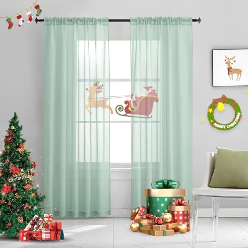 Christmas Mint Green Semi Sheer Curtains 84 Inches Long Faux Linen Mint Green Sheers Rod Pocket for Bedroom Living Room Girls Kids Room 2 Panels Xmas 52x84 - color: Mint Green, size: 52"W x 84"L (Pack of 2)
