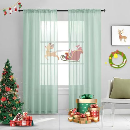 Christmas Mint Green Semi Sheer Curtains 84 Inches Long Faux Linen Mint Green Sheers Rod Pocket for Bedroom Living Room Girls Kids Room 2 Panels Xmas 52x84 - color: Mint Green, size: 52"W x 84"L (Pack of 2)