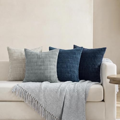 Softalker Throw Pillow Covers 18x18 Inch, Set of 4, Corduroy Soft Striped Farmhouse Boho Pillow Cover, Modern Decorative Cushion Pillow Case for Couch Sofa Bedroom Living Room, Grey/Blue | Soft Striped Farmhouse Boho Modern Home Decor Throw Pillow Covers