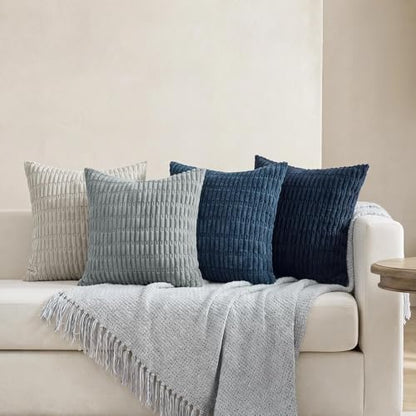 Softalker Throw Pillow Covers 18x18 Inch, Set of 4, Corduroy Soft Striped Farmhouse Boho Pillow Cover, Modern Decorative Cushion Pillow Case for Couch Sofa Bedroom Living Room, Grey/Blue | Soft Striped Farmhouse Boho Modern Home Decor Throw Pillow Covers
