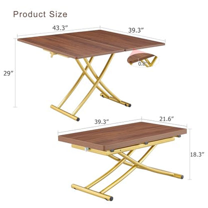 4 in 1 Adjustable Folding Dining Table for 4, Foldable Table for Small Spaces, Coffee Table that Lifts Up to Eat, Scratch-Resistant Wood Grain Top with Metal Frame for Kitchen Living Room - color: Walnut-gold
