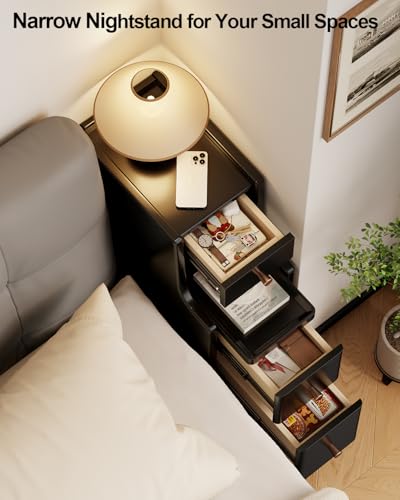 Solid Wood Narrow Nightstand with 3 Drawers,Modern Black,Fully Assembled | Narrow night stand,gold handles,open Shelf,skinny bedside table,slim nightstand for bedroom storage,space-saving storage - color: Black（15.75"d X 7.87"w X 23.62"h）