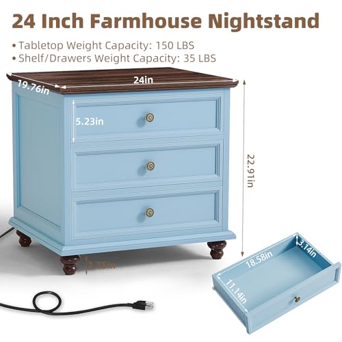 Joaxswe 24" Wide Farmhouse Night Stand,Large End Table with 3 Drawers & Metal Handle,Light Blue Wood Dresser for Bedroom Cabinet, Bed Side Tabl·e Chest of Drawers,Nightstand for Living Room,Close - color: Light Blue, size: 24"W (3 Drawers)