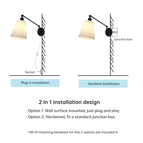 Retro Swing Arm Wall Sconce Plug in Wall Lamp Black Single Sconce with White Fabric Shade Wall Light Fixture for Bedroom Living Room Office - color: Black