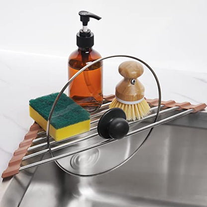 Tomorotec Triangle Roll-Up Dish Drying Rack for Sink Corner Small Foldable Stainless Steel Over The Sink Multipurpose Kitchen Drainer Caddy Trivet Rustproof Storage Shelf (Chocolate Brown) | BPA-Free Food-Grade Silicone Edges Foldable Waterproof Rustproof