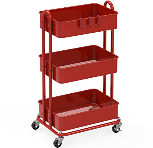 Simple Houseware 3-Tier Heavy Duty Metal Utility Rolling Cart, Red - color: Red