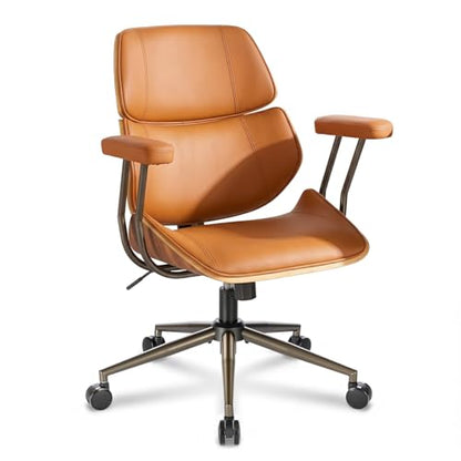Mid Century Walnut Bentwood PU Leather Office Chair with Arms, Brown | Curved walnut bentwood back & seat; removable armrests; PU leather upholstery; swivel & rolling; for home office & study - color: Brown, size: 2-Section Back / No Headrest