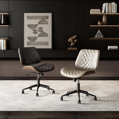 Home Office Chair No Arms with Wheels, Armless Adjustable Height Small Desk Chair, Armless PU Leather Computer Chair Mid Back 360 Swivel, Modern Walnut, Reading Meeting Room (Brown) - color: Brown