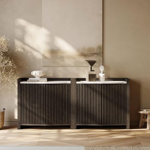 BELLEZE Set of 2 Modular Sideboard Buffet Cabinet with Storage,70 Inch Modern Credenza with Adjustable Shelves, Fluted Black Console Table with Faux Marble Panel for Kitchen, Entryway, Dining Room - color: 35 Inch Ebony, size: 2