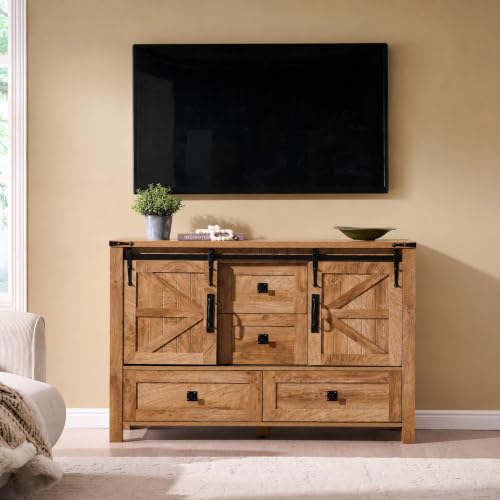 T4TREAM 48" Wide Farmhouse Sideboard Buffet Cabinet, Light Tree Knot | 31.2" Tall Kitchen Cabinet with Storage, 2 Sliding Barn Doors, 4 Drawers, Rustic Wood, Coffee Bar Table, Dining Room - color: Light Tree Knot