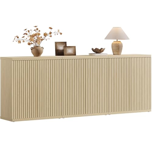 SICOTAS Buffet Cabinet with Storage Accent Sideboard Modern Credenza with Doors & Shelves Fluted Media Console Mid Century Coffee Bar Table for Living Room Kitchen Dining Room Hallway - color: Coastal Oak, size: 3 Pieces