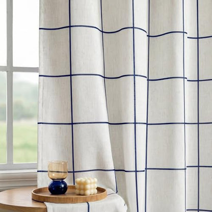 MYSKY HOME 100% Blackout Navy Blue Plaid Linen Farmhouse Curtains 84 Inches Long 2 Panels Set Double Layer Thermal Insulated Checkered Patterned Drapes for Living Room Bedroom, W52 Each Panel - color: Navy Blue, size: 52"W x 84"L (Pack of 2)