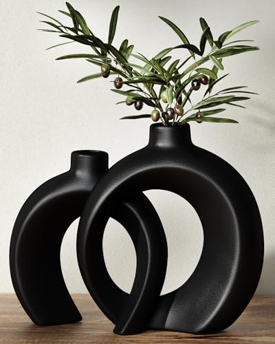 Round Donut Vase Set of 2 - Minimalist Nordic Modern Ceramic Decorative Black Vases For Home Office Book Shelf,Table Decor for Living Room,Coffee,Tv Stand Entry Console Mantle Decoration (Matte Black) - color: Matte Black