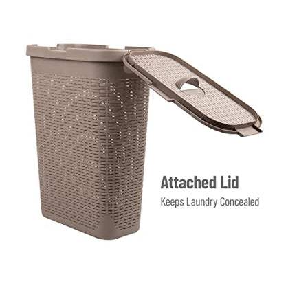 Mind Reader Slim Laundry Hamper with Lid, 40L Clothes Basket, Narrow Tapered Design with Ventilated Cutout Pattern, Plastic, Tan - color: Tan, size: Single