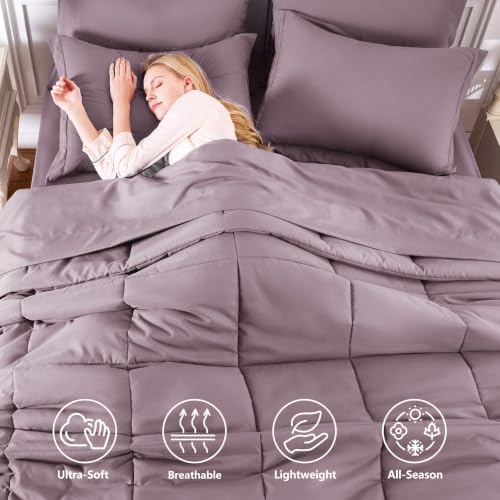 Queen Comforter Set, 7-Piece Bed in a Bag, Dusty Purple | OEKO-TEX Certified, Box-Stitched Design, 240 GSM Down Alternative Fill, All-Season Comfort, Sheets, Pillowcases & Shams - color: Dusty Purple, size: Queen(88"x88")