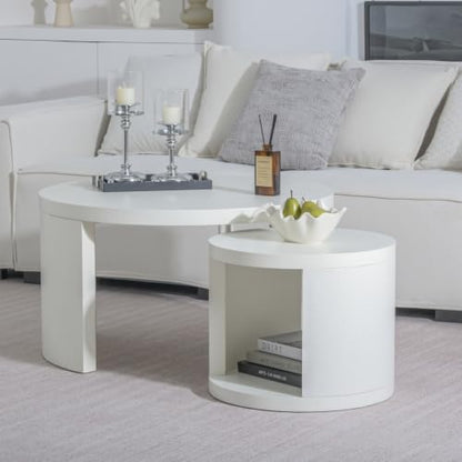 Round Nesting Coffee Table Set of 2, 31.5 & 18 in, Textured White | White nesting coffee table, round coffee tables for living room, 2 in 1 nesting tables, rounded edges, space-saving design - color: Textured White