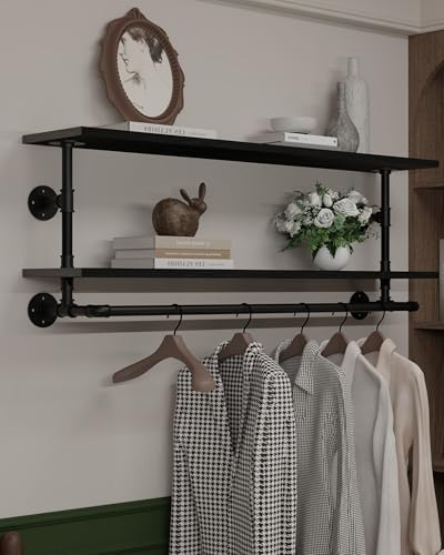 Black Clothes Rack 48in, 2-Tier Wall Mounted Garment Rack with Real Wood Shelf, Heavy Duty Hanging Clothes Rack, Multi-Purpose Hanging Rod, Space-Saving Closet Storage - color: Black, size: 2T48IN