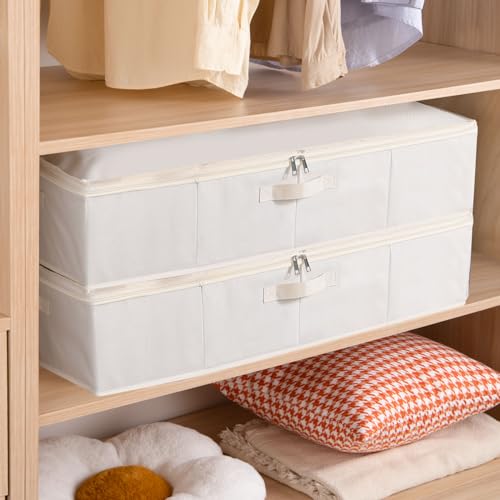 Underbed Storage Organizers,Beige,3 Pack,23.6x11.8x5.9 Inch | Under Bed Storage Container with Lids,Fabric Boxes,Drawer Organizer Bags,Foldable Baskets for Bedroom - color: Beige, size: 23.6x11.8x5.9in(3-Pack)