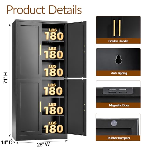 CJF Kitchen Pantry Cabinet,71 Inch Tall Metal Storage Cabinet with 4 Adjustable Shelves and 4 Doors, Freestanding Pantry Cabinet for Kitchen, Living Room, Dining Room, Bathroom (Black) - color: Black, size: 71"Hx 28"Wx 14"D-4Doors
