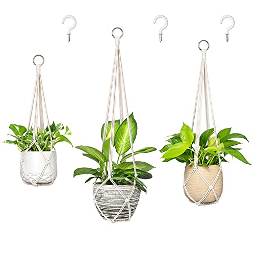 Dahey Macrame Plant Hanger Indoor Hanging Plant Holder Basket for Flower | Set of 3, 35"/29"/23", Boho Decor, No Tassels, With Hooks, Cotton Rope, Fits 10" Pots, for Living Room Garden, Beige - color: Beige