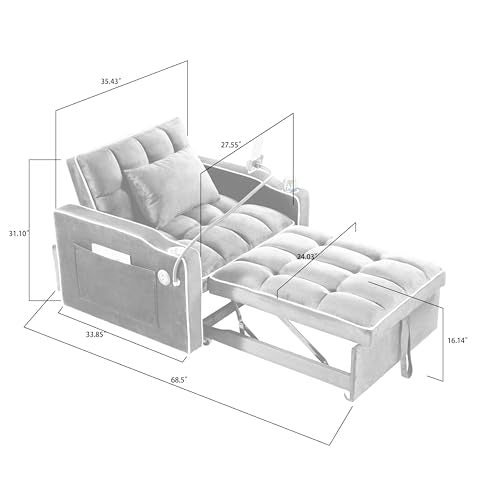Majnesvon Convertible Chair Bed 3 in 1, Sofa Bed Chair (Grey) | Adjustable Backrest & Cup Holder & Charging Station, Small Space One Person Couch for Apartment, Office, Living Room, Bedroom - color: Grey