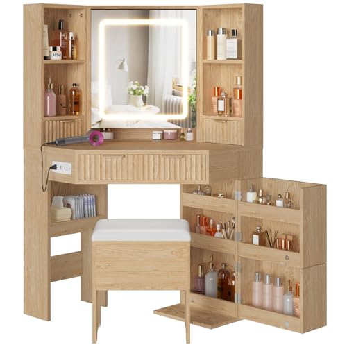 Corner Vanity Desk with Lights and Charging Station, Makeup Vanity with Lights, Vanity Set with Mirror and Storage Stool, Makeup Table with Drawers, Rotating Shelves (Natural Oak) - style: Natural Oak