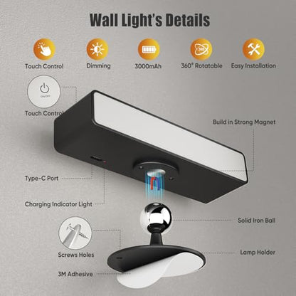 Wireless Wall Sconces 2 Pack, Rechargeable Reading Light for Bed Dimmable | Adhesive Wall Lights for Bedroom with Magnetic & 360 Rotation, Peel and Stick Lights for Wall Bedside, Reading - color: Black