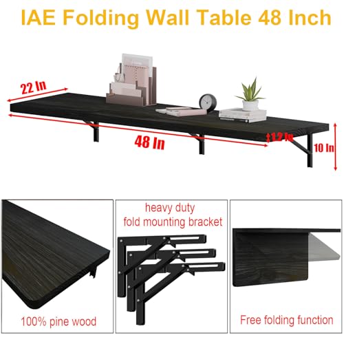 IAE Floating Wall Mounted Folding Table Desk with Pine Wood,48x22in, Black | Foldable Workbench,Fold Down Wall Mounted Foldable Desk with Shelf Brackets,Laundry Folding Table for Home,Dining,Kitchen - color: Black, size: 48*22*10 Inch